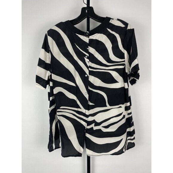 DIANE VON FURSTENBERG Black White Animal Zebra Button Back Short Sleeve Blouse M - Picture 7 of 9
